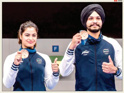 manu bhaker  sarabjot singh clinch bronze in 10m air pistol mixed team event