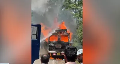 food grain laden truck catches fire near batote