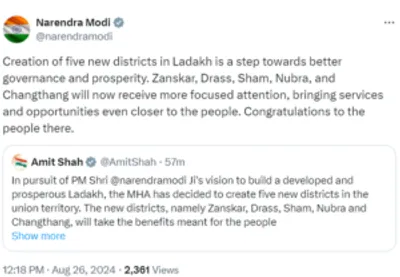 mha approves creation of 5 new districts in ladakh