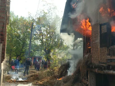 madrassa building damaged in fire in ganderbal village