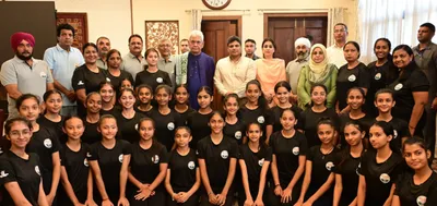 lg manoj sinha interacts with gymnasts  coaches at raj bhawan