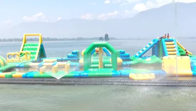 dal lake s new floating aqua park attracts both locals and tourists