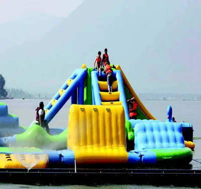 floating aqua park turns into unique attraction for locals  tourists in dal lake